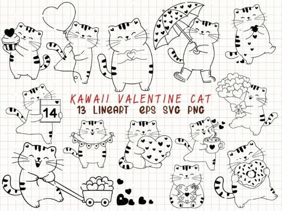 Download Kawaii Valentine Cat Line Art SVG - Cat line art Collection